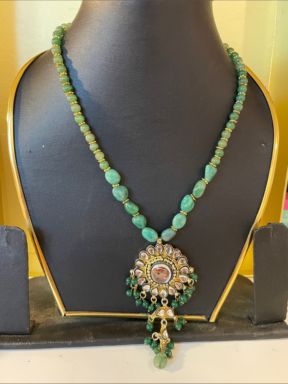 Green Beaded Pendant Necklace with Gold Accent - Unbranded